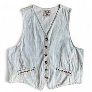 Vtg Cherokee Light Blue Stone and Stud Embellished Light Blue Denim Vest Size M